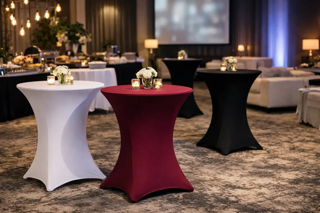 Hussen für Stehtisch bei professionellem Event.