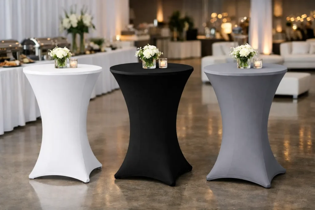 Elegante Stehtische mit passgenauen Stehtischhussen in Weiß, Schwarz und Grau für Hotel- und Cateringevents.
