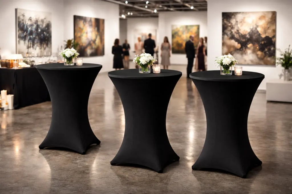 Schwarze Stehtischhussen in einer modernen Kunstausstellung mit stilvollem Eventambiente.