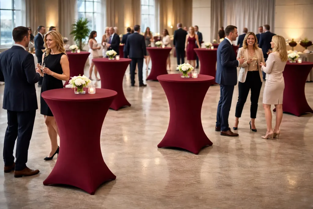 Bordeauxfarbene Stehtischhussen bei einem gehobenen Corporate Event mit Gästen in lockerer Atmosphäre.