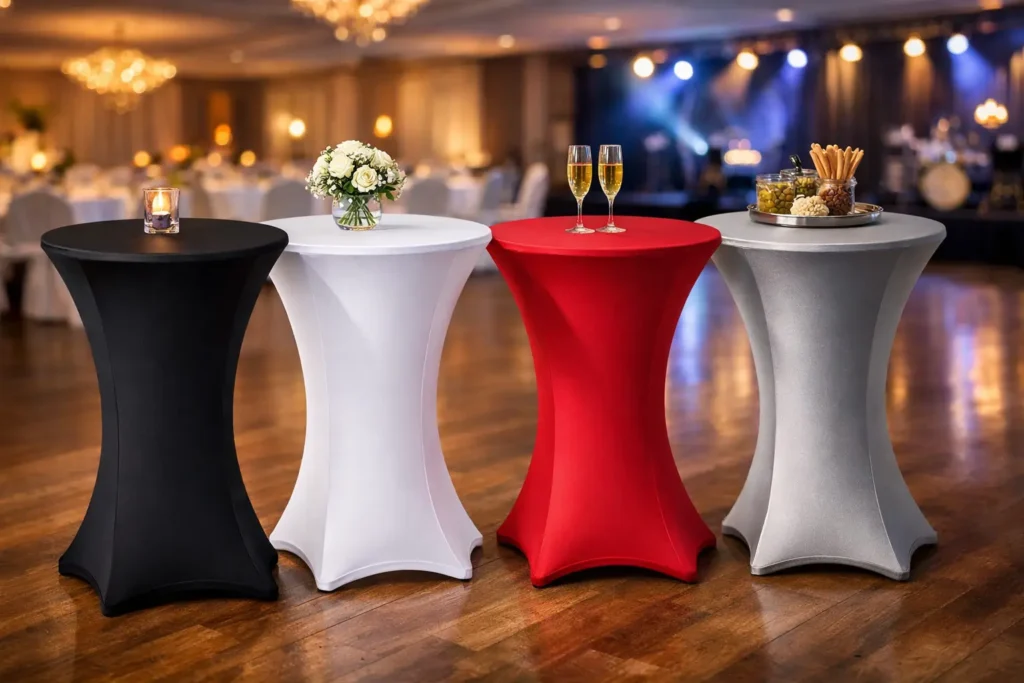 Elegante Stehtischhussen für Gastronomie, Hotels und Events in verschiedenen Farben, ideal für professionelle Veranstaltungen.