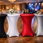 Elegante Stehtischhussen für Gastronomie, Hotels und Events in verschiedenen Farben, ideal für professionelle Veranstaltungen.