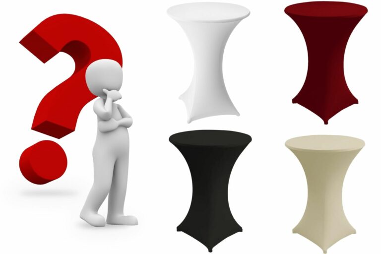 Eventtrends 2025 Stretch Stehtischhusse in verschiedenen Farben – Weiß, Schwarz, Bordeaux und Creme mit Entscheidungsfigur
