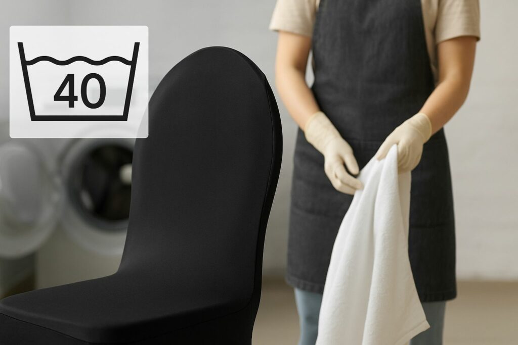 Pflegeleichte Stuhlhusse aus Stretchmaterial bei der Reinigung, im Vordergrund aufgezogen, im Hintergrund eine geöffnete Waschmaschine.