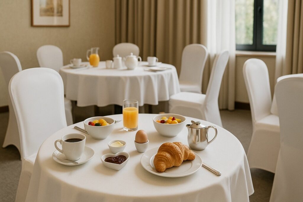 Helle Frühstücksszene im Restaurant mit einheitlichen Stuhlhussen und gedeckten Tischen.