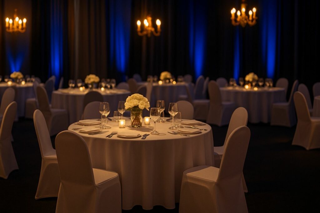 Elegante Gala-Atmosphäre am Abend mit einheitlichen Stuhlhussen und stimmungsvoller Beleuchtung.