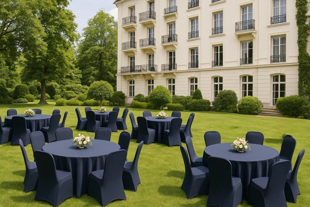 Tagesveranstaltung im Hotelgarten mit einheitlichen Stuhlhussen und gedeckten Eventtischen.
