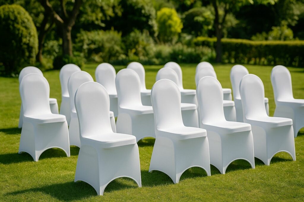 Reihenweise aufgestellte Stühle mit Stuhlhussen in einem gepflegten Garten.