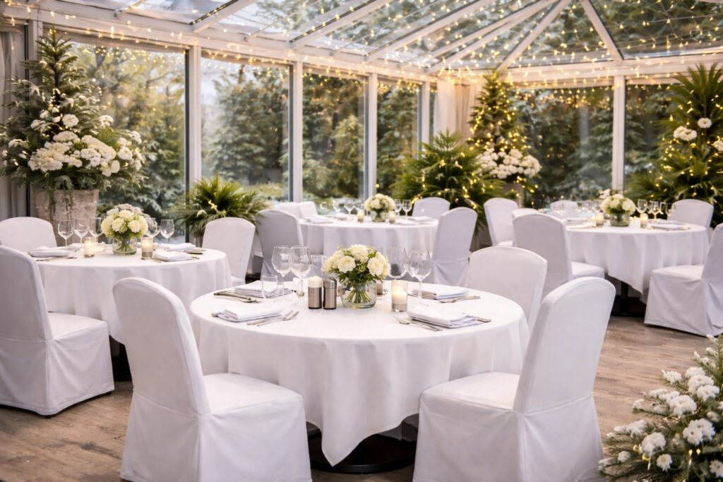 Wintergarten-Restaurant mit einheitlichen Hussen für ein konsistentes Markenbild in der Gastronomie.