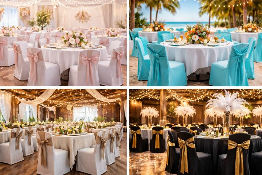 Eventlocation mit vielseitigen Hussen für schnell wechselnde Themen- und Dekorationskonzepte.