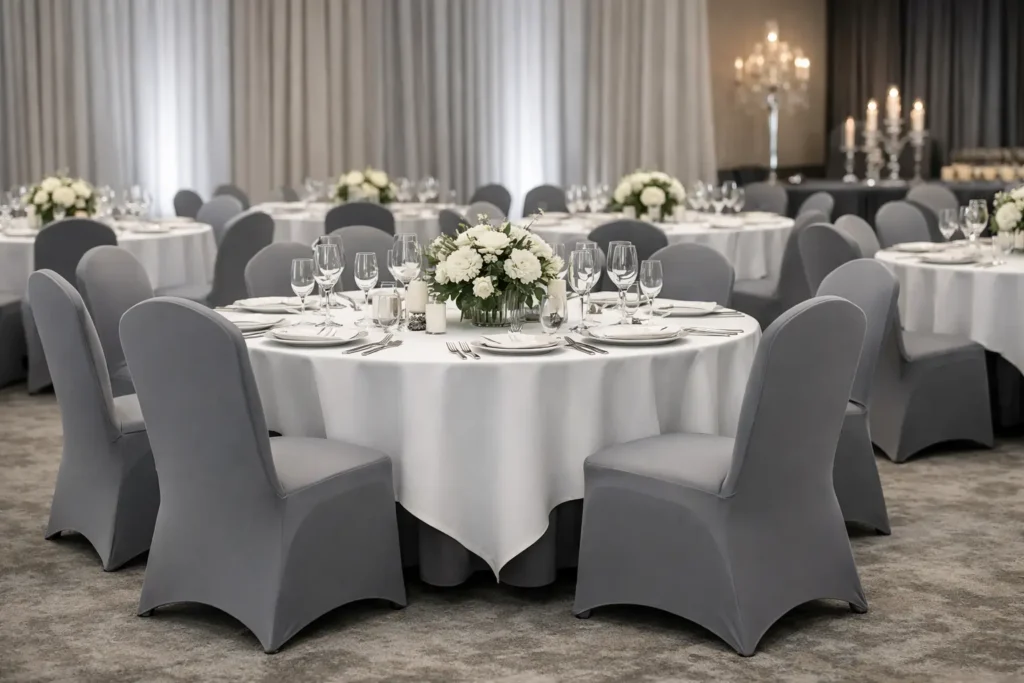 Elegante graue Stretch-Stuhlhussen in einem stilvollen Bankett- und Eventsaal mit festlich gedeckten Tischen.
