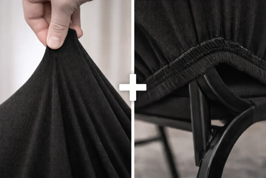 Nahaufnahme eines schwarzen Stretch-Stuhlbezugs mit elastischer und robuster Verarbeitung.
