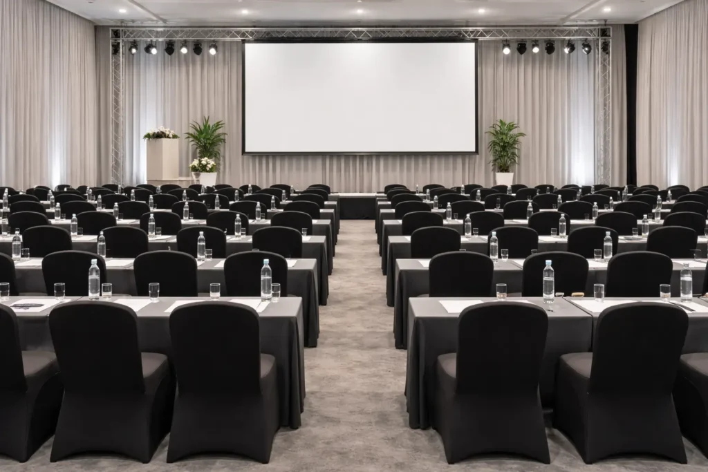 Professionelles Konferenz-Setup mit schwarzen Stuhlhussen für B2B-Events.
