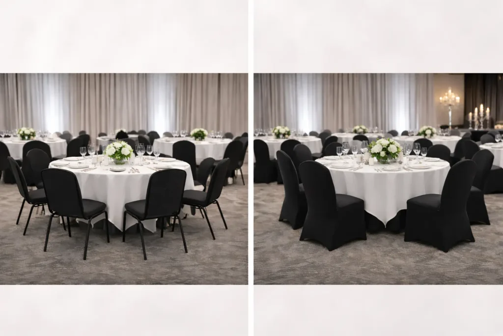 Haklısın, daha da kısaltalım:
**Schwarze Stretch-Stuhlhussen im Vorher–Nachher-Vergleich.**
