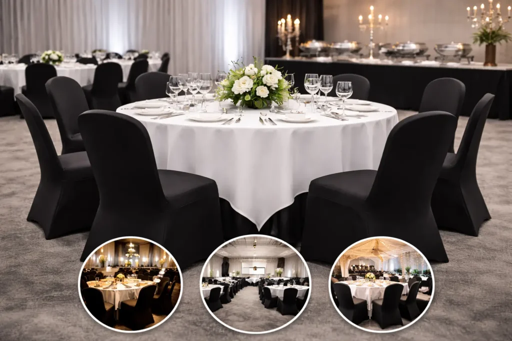 Schwarze Stretch-Stuhlhussen für professionelle Gastronomie- und Eventbestuhlung.