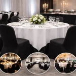 Schwarze Stretch-Stuhlhussen für professionelle Gastronomie- und Eventbestuhlung.