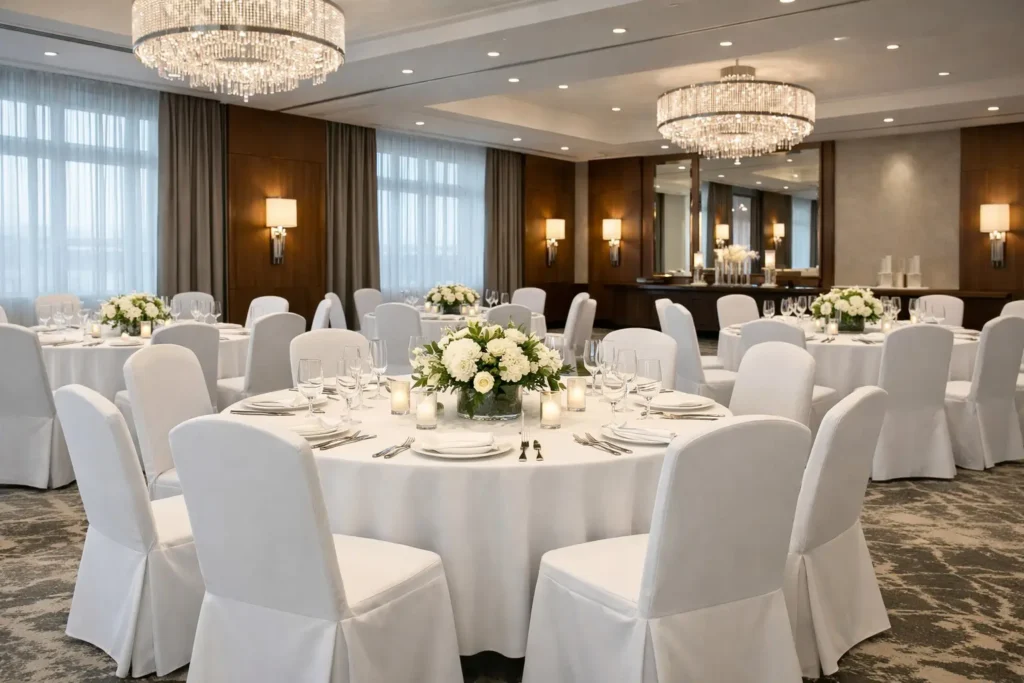 Restaurant-Setup mit Stuhlhussen für ein einheitliches, professionelles Ambiente