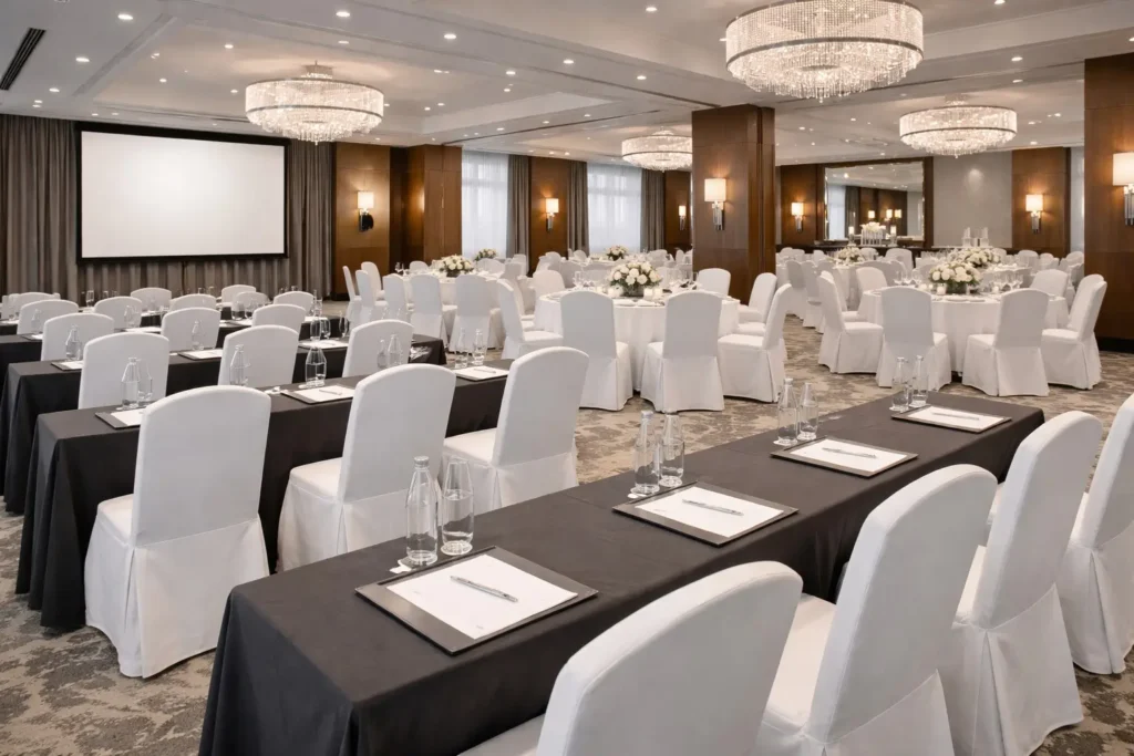 Hotel- und Konferenzbestuhlung mit einheitlichem Look für Tagungen und Bankette