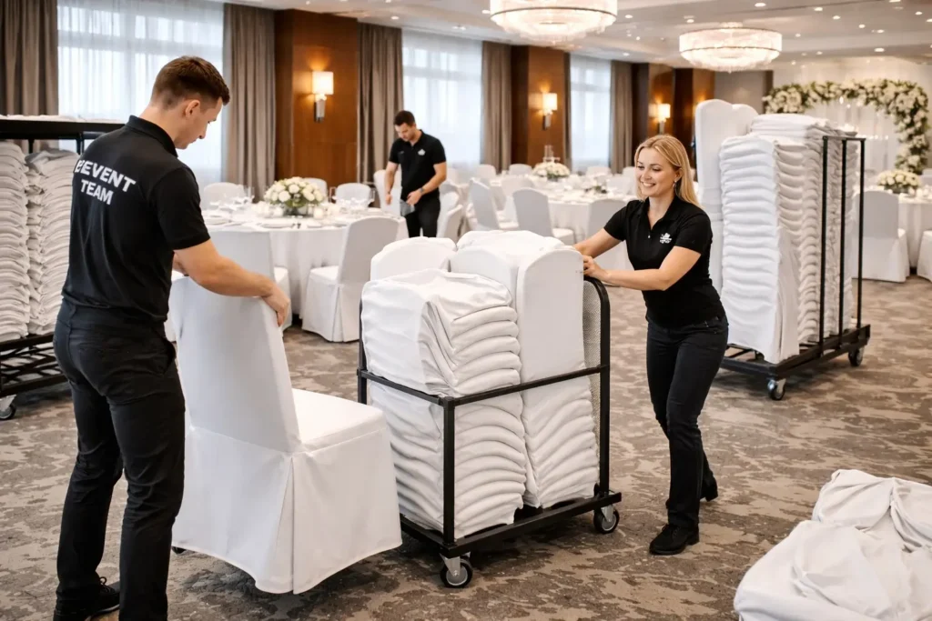 Schneller Aufbau von Stuhlhussen durch Catering- und Event-Teams vor Ort