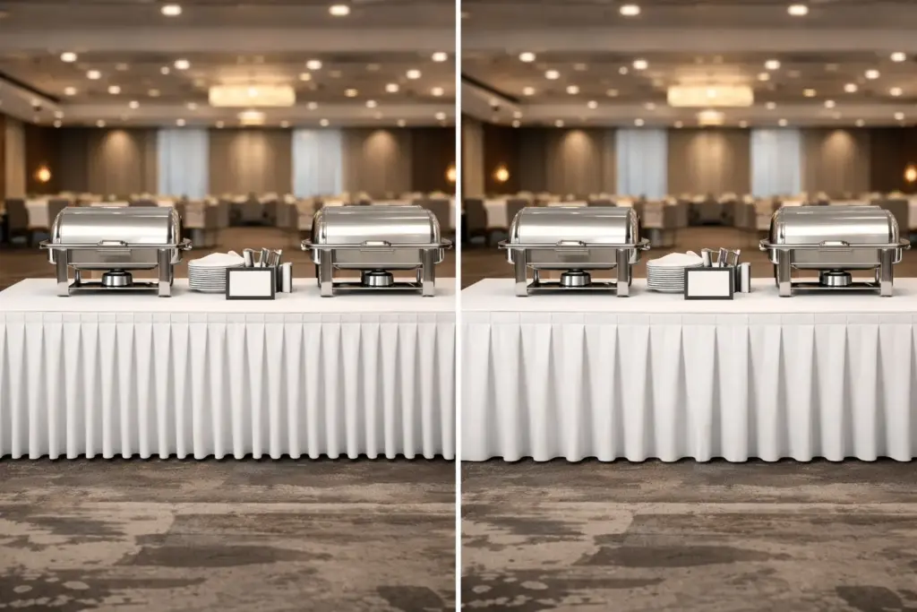 Zwei unterschiedliche Faltenstrukturen an Tischverkleidungen im Eventbereich
