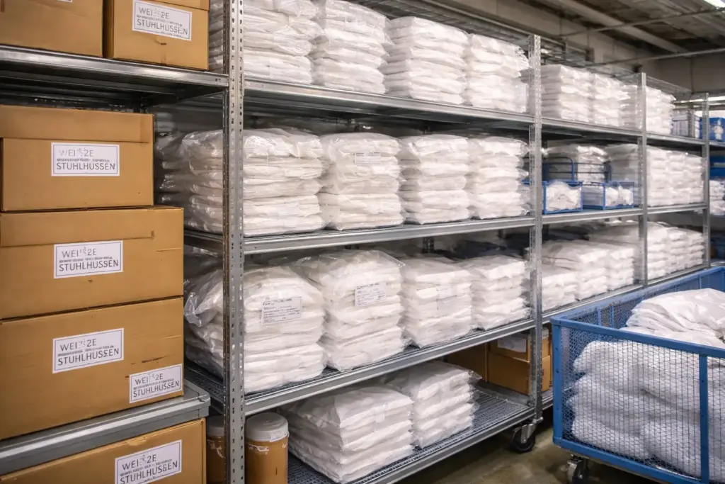 Saubere und organisierte Lagerung von Stuhlhussen für Event und Gastronomie
