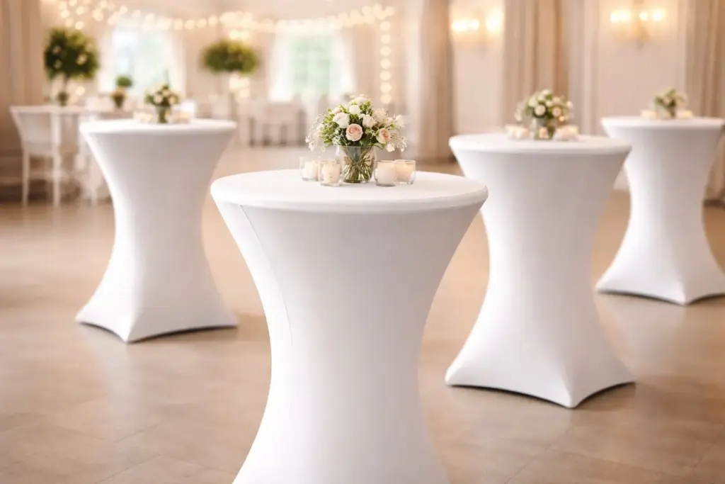 bügelfreie Tischhussen für Stehtische im eleganten Eventsaal