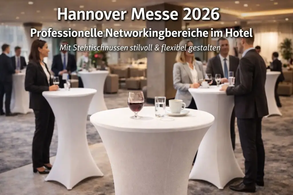 Hannover Messe 2026 Hotel Networkingbereich mit Stehtischhussen in moderner Lobby Atmosphäre