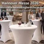 Hannover Messe 2026 Hotel Networkingbereich mit Stehtischhussen in moderner Lobby Atmosphäre