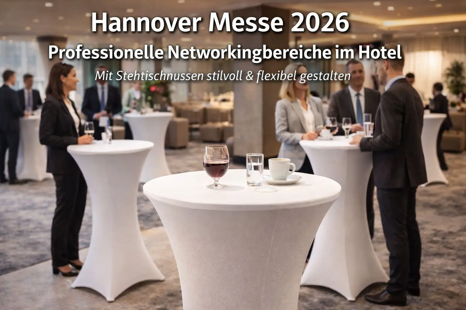 Hannover Messe 2026 Hotel Networkingbereich mit Stehtischhussen in moderner Lobby Atmosphäre