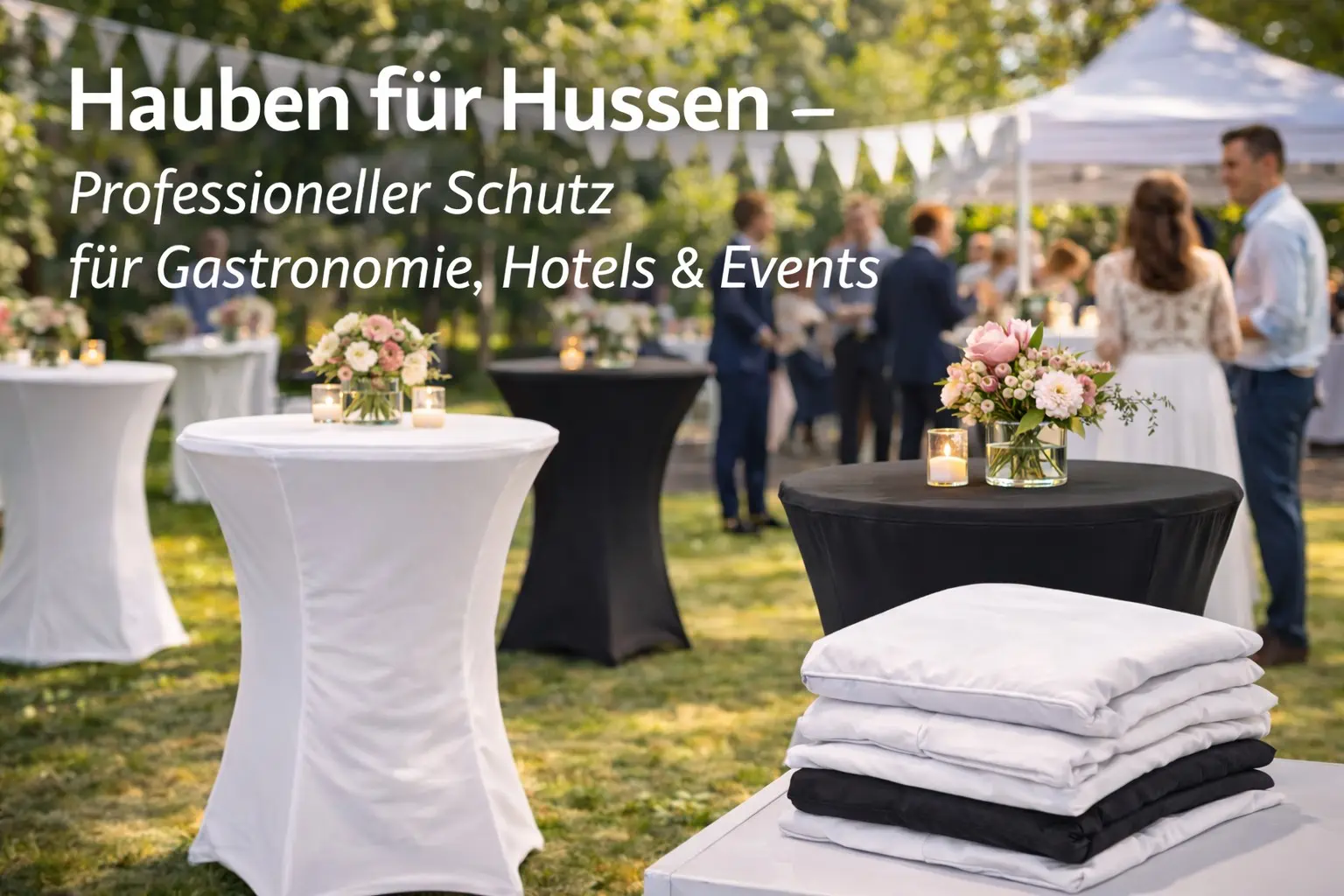 Hauben für Hussen für Stehtische bei einer Veranstaltung in Gastronomie, Hotel und Eventlocation