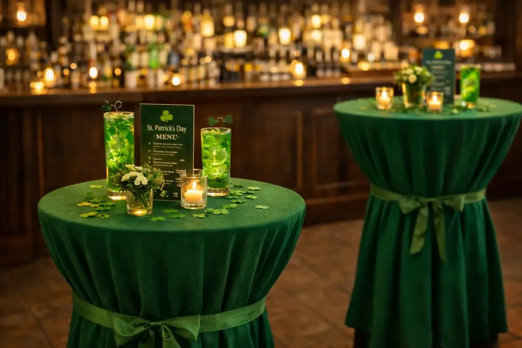 Patrick’s Day Tisch und Stuhl deko im Barbereich mit grüner Stehtischhusse.