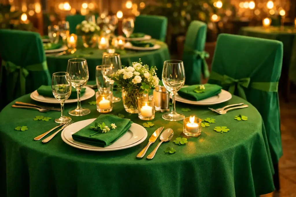 Grün gedeckter Restauranttisch mit Tischhusse und Stuhlhussen.