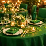 Grün gedeckter Restauranttisch mit Tischhusse und Stuhlhussen.