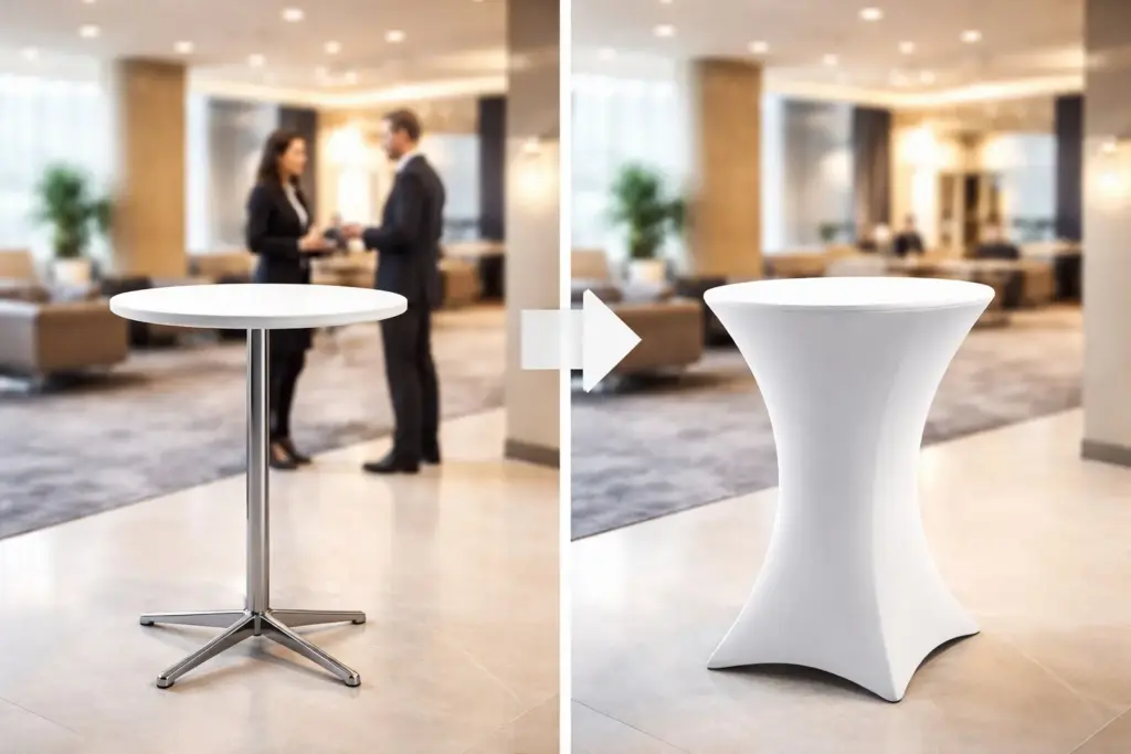 Stehtischhussen im Hannover Messe Hotel Empfangsbereich Vorher Nachher Vergleich