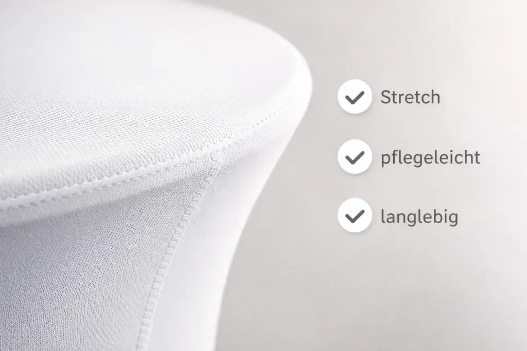 Detailaufnahme von Stehtischhussen Material Stretch Polyester im Hannover Messe Hotel Einsatz