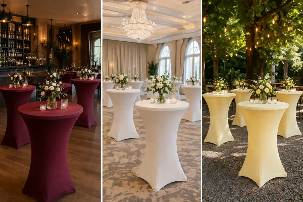 Abschiedsfeier Deko Trends 2026 Einsatzbereiche mit Stehtischhussen in Restaurant Hotel und Outdoor Event