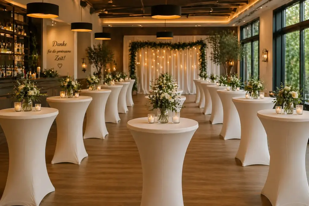 Abschiedsfeier Deko Trends 2026 moderne Eventdekoration mit Stehtischhussen in der Gastronomie