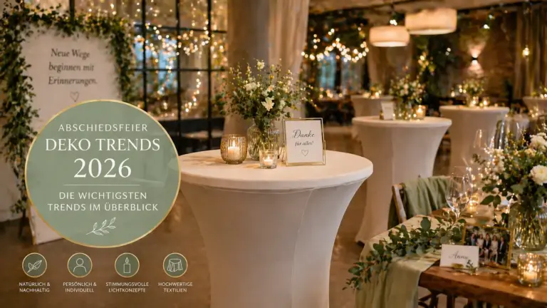 Abschiedsfeier Deko Trends 2026 moderne Eventdekoration mit Stehtischhussen Lichtkonzept und personalisierten Elementen in eleganter Atmosphäre