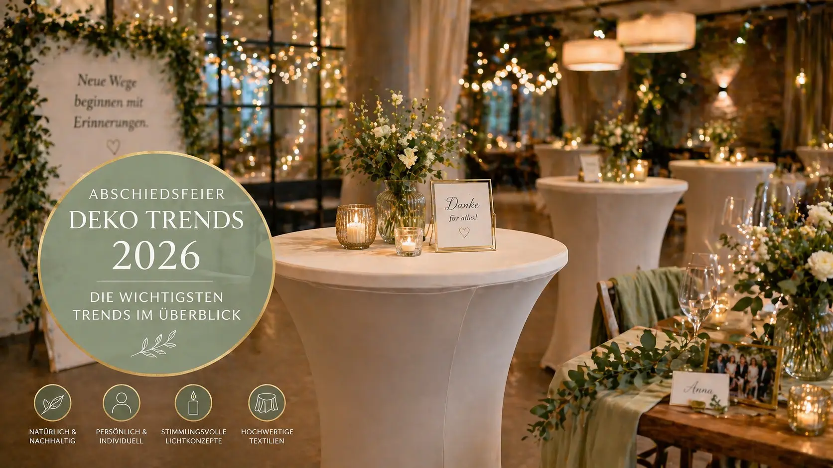 Abschiedsfeier Deko Trends 2026 moderne Eventdekoration mit Stehtischhussen Lichtkonzept und personalisierten Elementen in eleganter Atmosphäre