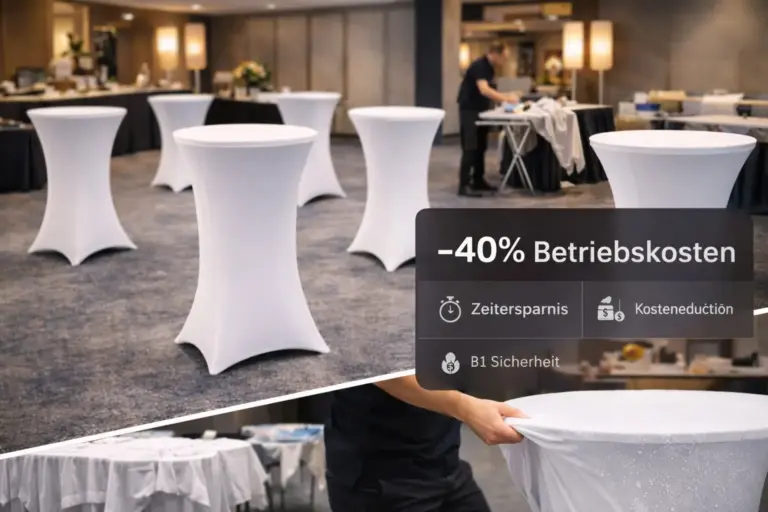 Bügelfreie Stehtischhussen im Hotel Eventbereich mit 40 Prozent Kostenersparnis durch effizientere Abläufe und schnelle Vorbereitung