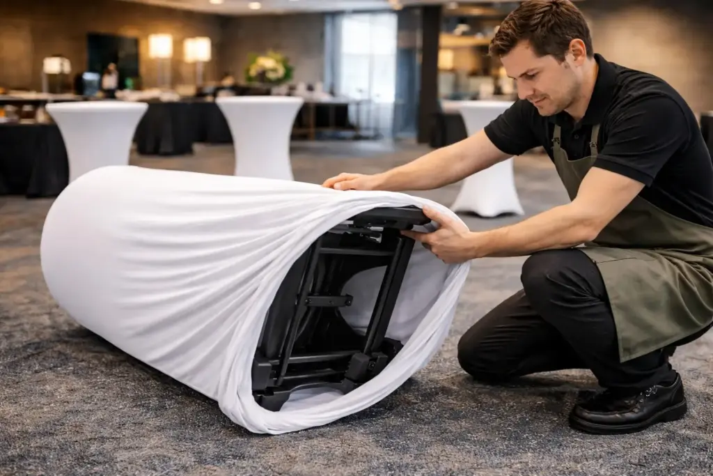Mitarbeiter zieht bügelfreie Stehtischhusse über einen liegenden Stehtisch zur schnellen und einfachen Montage im Eventbereich