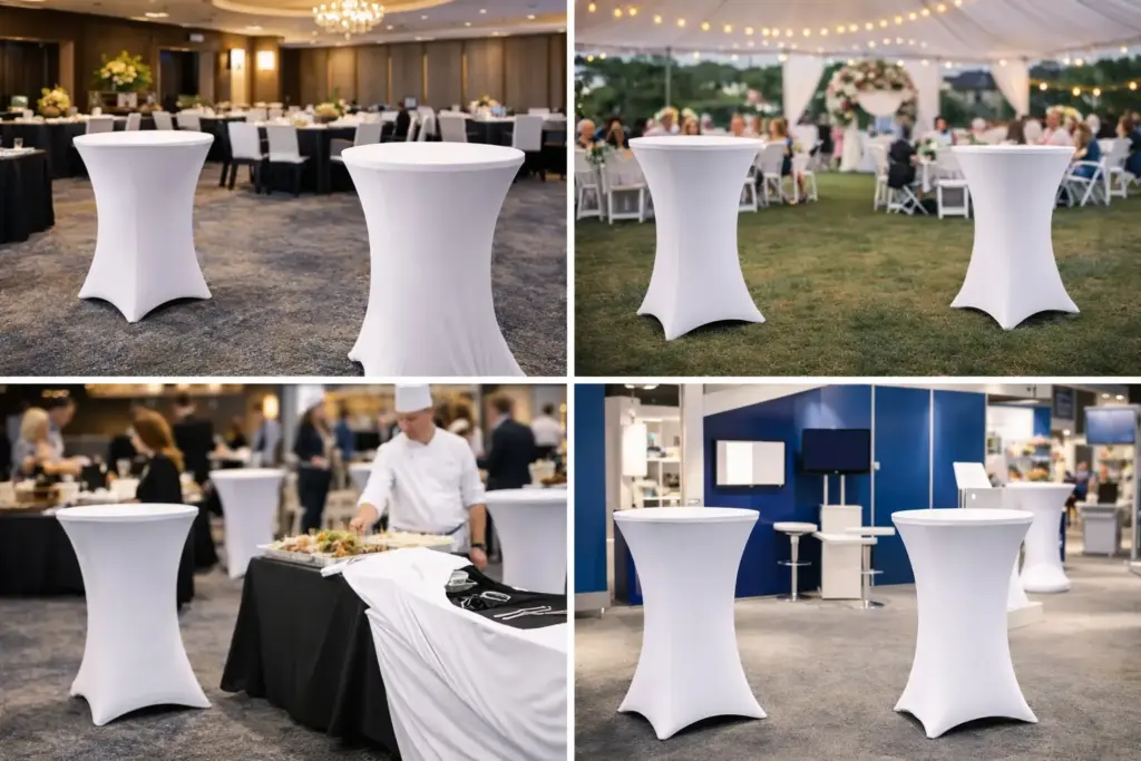 Bügelfreie Stehtischhussen im Einsatz in Hotel Bankett, Hochzeit, Catering Event und Messe für professionelle Anwendungen