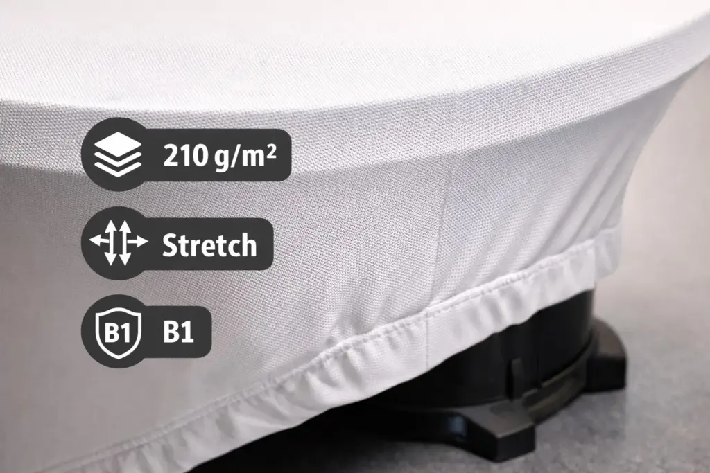 Detailaufnahme bügelfreie Stehtischhussen mit Stretchmaterial, 210 g/m² Stoffqualität, elastischer Passform und B1-Zertifizierung