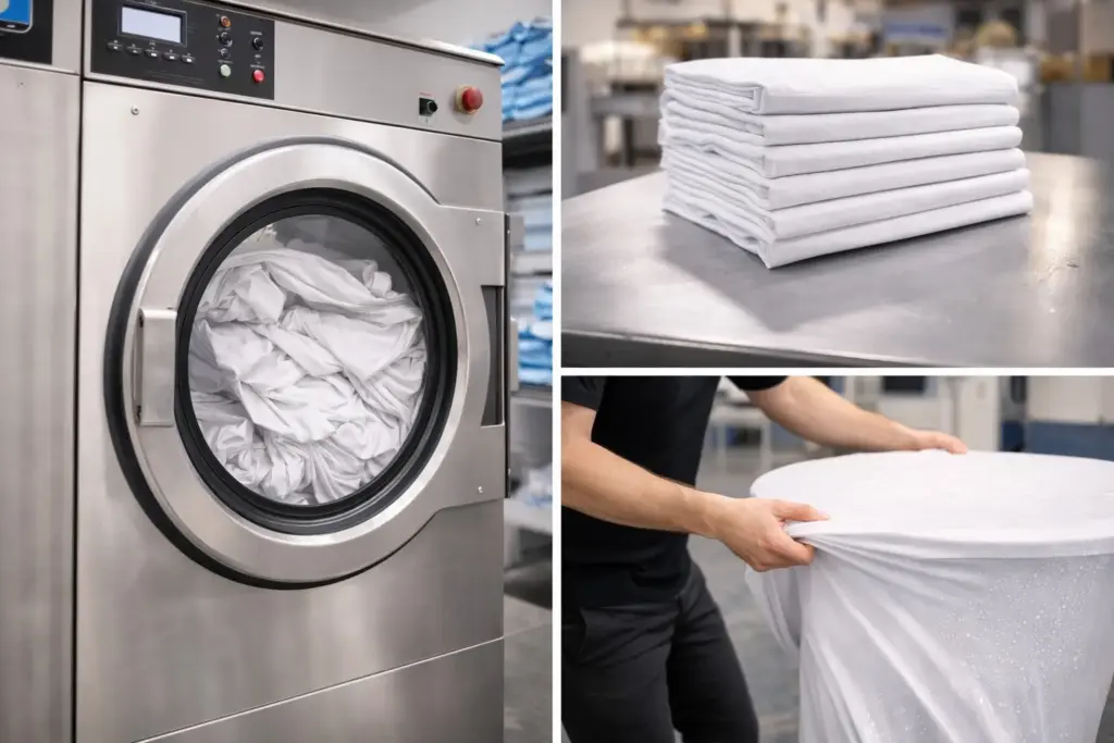 Reinigung und Pflege von bügelfreien Stehtischhussen mit Waschmaschine, gefalteten Textilien und Montage im leicht feuchten Zustand