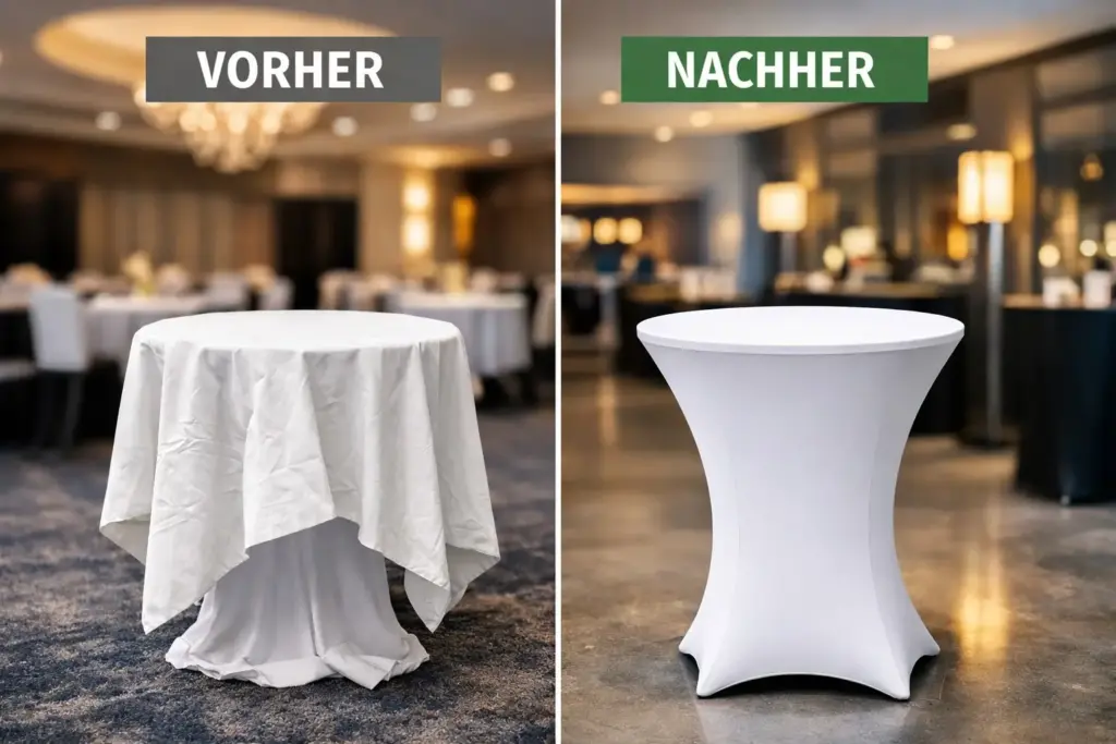 Bügelfreie Stehtischhussen vorher nachher Vergleich mit glatter Stretchhusse und zerknitterter Tischdecke im Hotel Eventbereich