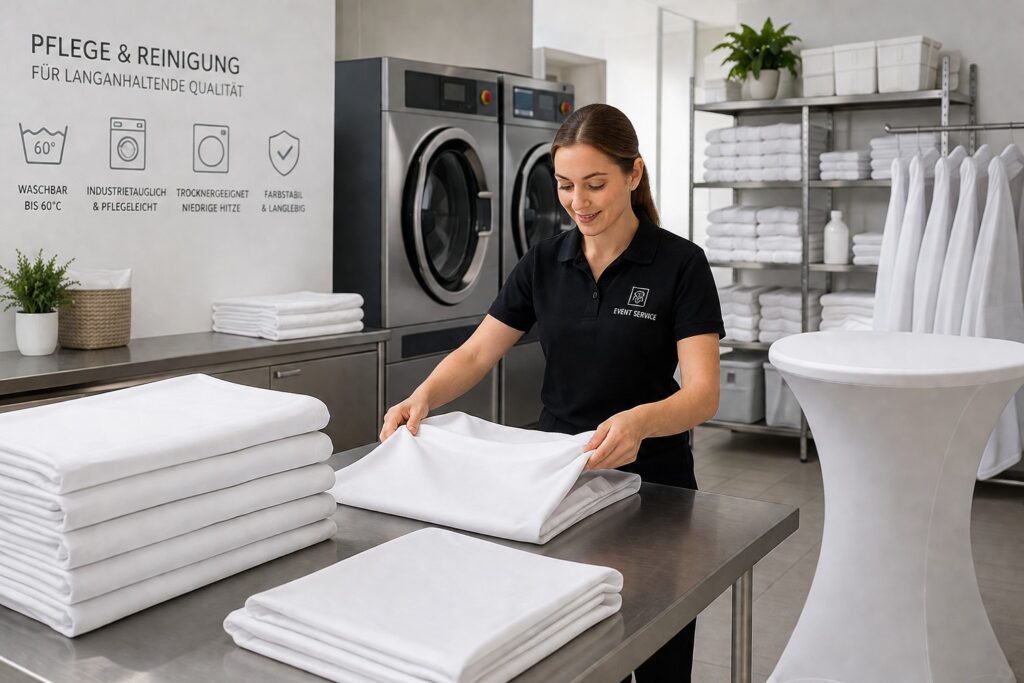 Pflege und Reinigung moderner Event Hussen in der Gastronomie mit Stehtischhussen und professioneller Textilpflege