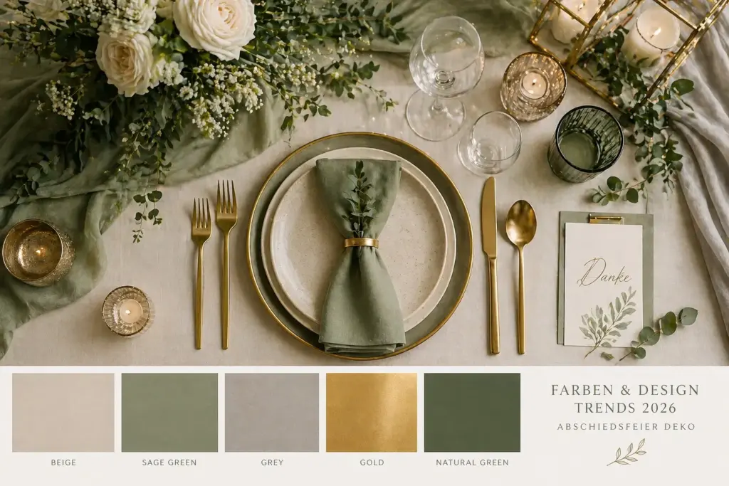Farben und Design Abschiedsfeier Deko Trends 2026 moderne Tischdekoration in Beige Grün Grau und Gold