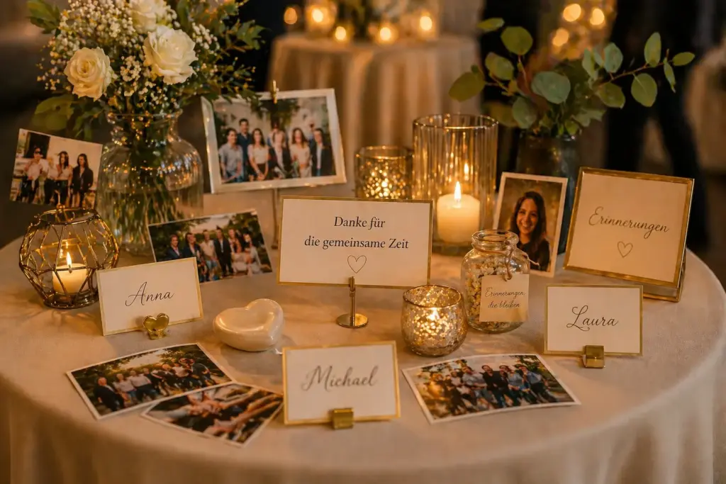 Personalisierte Abschiedsfeier Dekoration mit Namenskarten Fotos und Erinnerungen in warmer Atmosphäre