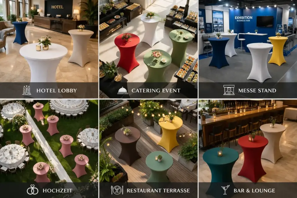 Stehtischhussen Trends 2026 Einsatzbereiche Hotel Lobby Catering Event Messe Hochzeit Restaurant Terrasse professionelle Eventausstattung