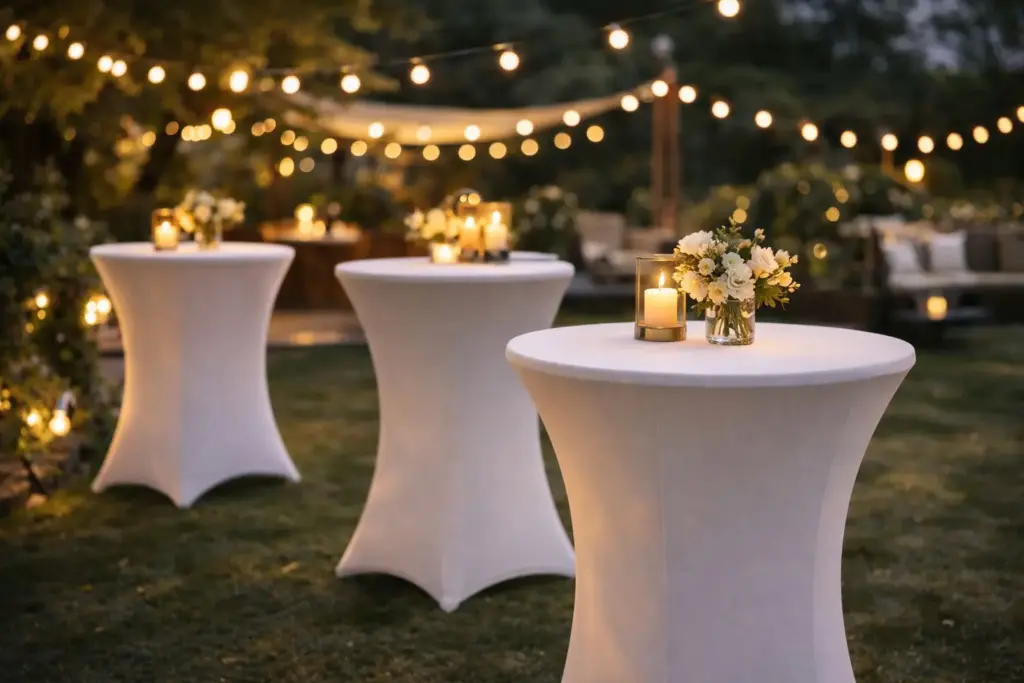 eleganter stehtisch bei outdoor abend event mit beleuchtung